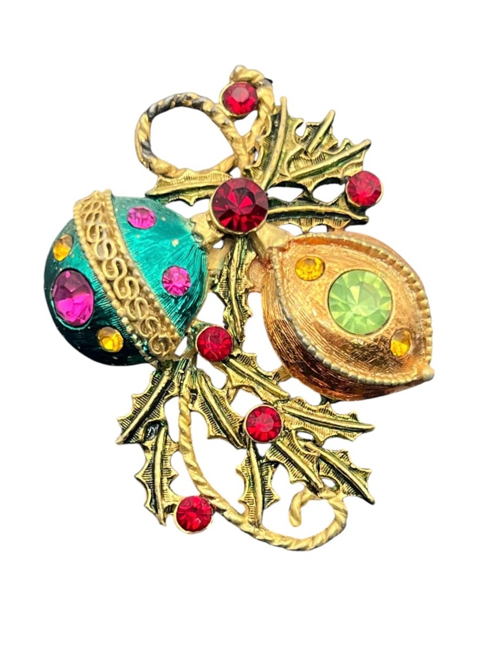 Christmas ornaments baubles gold tone multi colored rhinestones brooch pin